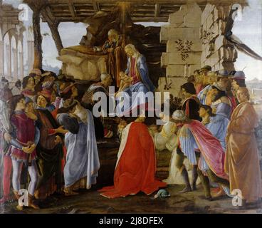 The Adoration of the Magi by Sandro Botticelli. In this christian myth three wise men or kings come to visit the newborn jesus and acknowledge him as the messiah and son of god. Stock Photo