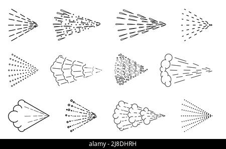 Spray steam icons. Vector black deodorant aerosol sprayed line set, spraying water nozzle flows monochrome vector signs Stock Vector