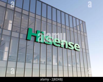 Qingdao, China, USA. May 2, 2022. Editorial Use Only, 3D CGI. Hisense Signage Logo on Top of Glass Building. Workplace of Electronics Company Office H Stock Photo