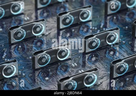 Graphics cards GPU standing in a row in bitcoin mining farm or 3d render farm. IT hardware. 3d illustration Stock Photo