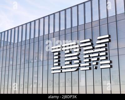 Armonk, NY, USA. May 2, 2022. Editorial Use Only, 3D CGI. IBM Corporation Signage Logo on Top of Glass Building. Workplace Technology Hardware Company Stock Photo