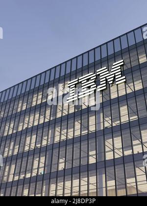 Armonk, NY, USA. May 2, 2022. Editorial Use Only, 3D CGI. IBM Corporation Signage Logo on Top of Glass Building. Workplace Technology Hardware Company Stock Photo