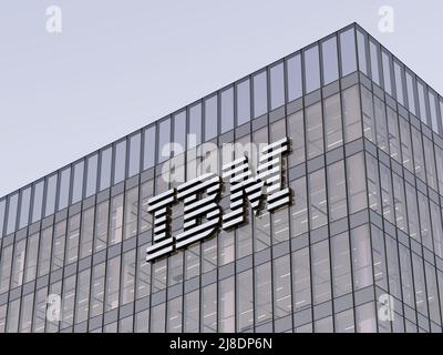 Armonk, NY, USA. May 2, 2022. Editorial Use Only, 3D CGI. IBM Corporation Signage Logo on Top of Glass Building. Workplace Technology Hardware Company Stock Photo