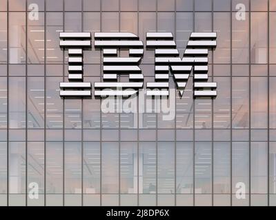 Armonk, NY, USA. May 2, 2022. Editorial Use Only, 3D CGI. IBM Corporation Signage Logo on Top of Glass Building. Workplace Technology Hardware Company Stock Photo