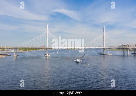 Bridge across the delta of the Neva River and the Gulf of Finland. Russia, St.Peterburg. May 19, 2019 Stock Photo