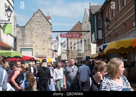 Very busy market day at Stroud Farmers market. Despite cost of living crisis may shoppers are out. Stock Photo