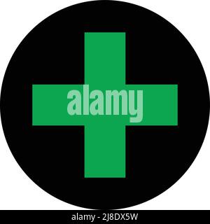 green cross symbol icon and black circle background Stock Vector