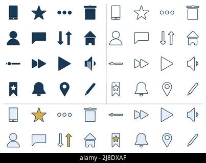 Vector UI icon set in three different styles. User interface symbols in doodle style isolated on white background. Stock Vector