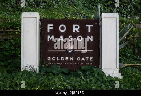 San Francisco, United States: February 16, 2022: Fort Mason Sign at entrance to park in urban center of San Francisco Stock Photo