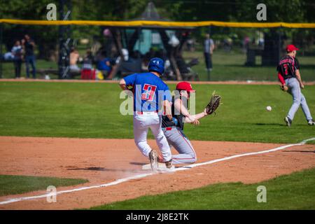 ZAGREB, CROATIA - APRIL 20, 2019: Baseball match Baseball Club Zagreb and Baseball Club Vindija. Baseball runner step on base Stock Photo