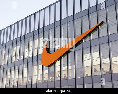 Beaverton OR USA. May 2 2022. Editorial Use Only 3D CGI. Nike Signage Logo on Top of Glass Building. Workplace Multinational Sportswear Company Of Stock Photo Alamy