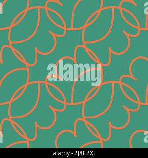 Abstract orange curved lines on green background. Hand drawn ornamental seamless pattern. Stock Vector