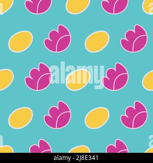 Summer seamless pattern. Abstract pink and yellow elements on blue background. Stock Vector