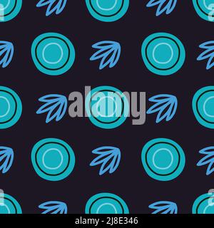 Hand drawn ornamental pattern with blue elements on black background. Stock Vector