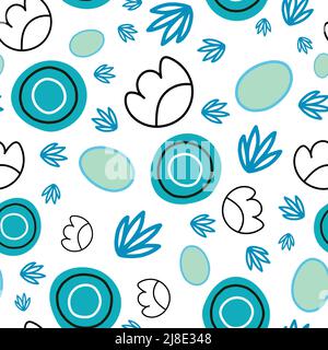 Hand drawn ornamental abstract background. Blue circles and floral elements on white background. Stock Vector