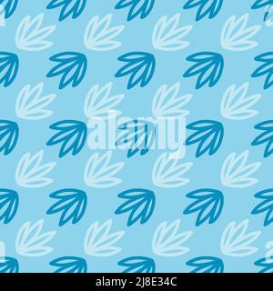 Blue floral repeated pattern with simple minimalist hand drawn leaves. Stock Vector