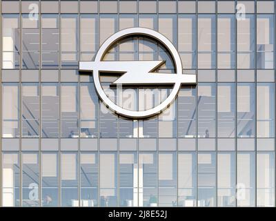 Russelsheim, Germany. May 2, 2022. Editorial Use Only, 3D CGI. Opel Company Signage Logo on Top of Glass Building. Workplace Vehicles Automaker Office Stock Photo