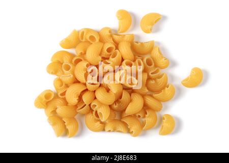 Dry uncooked curl pasta isolated on white background.View from above Stock Photo