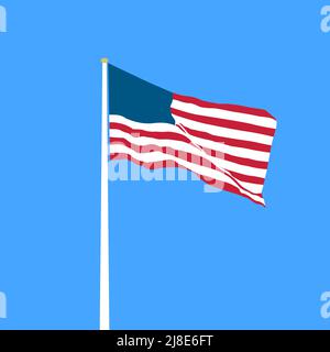 USA flag on a blue sky background in cartoon style for print and design. Vector illustration. Stock Vector