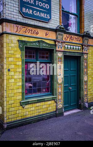 One of the ornate entrances to the Peveril of the Peak pub in central Manchester, England.