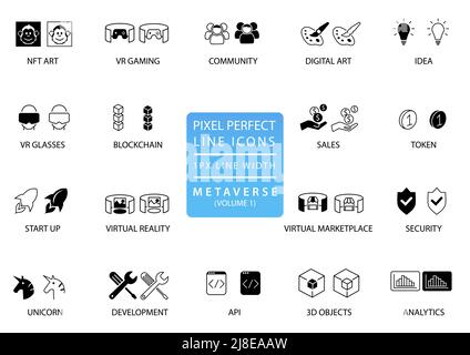 Metaverse pixel perfect vector icon set Stock Vector