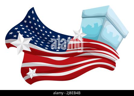 Transparent ballot box with votes, waving U.S.A. flag and white star, ready for elections. Stock Vector
