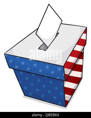 Upper view of patriotic ballot box decorated with the color of the U.S.A. flag and vote for American elections. Design in cartoon style. Stock Vector