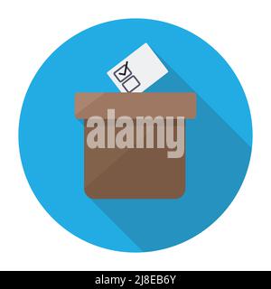 Blue round button with ballot box and vote with check mark in flat style and long shadow. Stock Vector