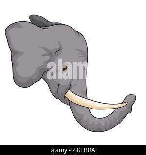 Tender gray elephant head with smiling gesture, long tusks, trunk and big ears. Stock Vector