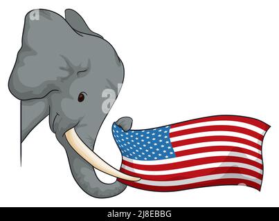 Elephant peeking out from the left corner, holding an American flag with its trunk. Stock Vector