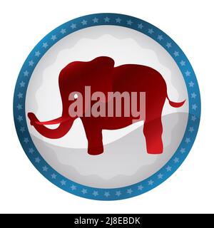 Glossy round button with starry frame with cute red elephant silhouette inside it. Stock Vector