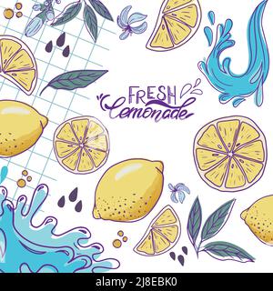 Fresh Lemonade Cooking ingredients, Lemons, Green Leaves of Mint and Water Splashes. Summer poster with Hand Lettering. Stock Vector