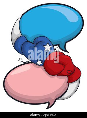 Speech bubbles depicting a debate fighting scene: one with red glove, punching the other with blue glove. Stock Vector