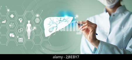 Telemedicine and human Gall Bladder recovery concept. Turquoise color palette, copy space for text. Stock Photo