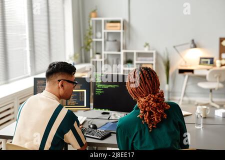 Back view portrait of two IT developers using computer while reviewing programming code in office, copy space Stock Photo