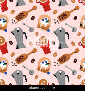 Coffee drinks repeat pattern, cappuccino, moka pot and pancakes illustrations, coffee shop breakfast, hand drawn vector art, seamless texture Stock Vector
