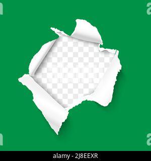 Hole in green paper with torn edges and a transparent background inside. Ripped paper template with copy space Stock Vector