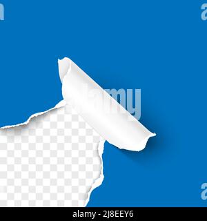 Torn hole of lower left corner of blue sheet with paper curl and transparent background of the resulting window. Realistic vector template paper design. Stock Vector