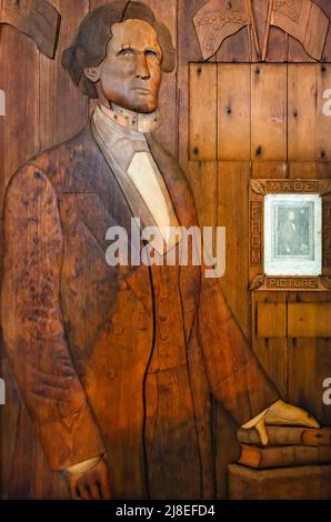 A wood carving of Confederate President Jefferson Davis is displayed at the Jefferson Davis Presidential Library in Biloxi, Mississippi. Stock Photo