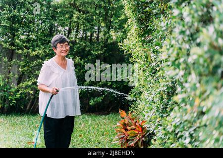 Happy Asian family of senior elderly woman watering the plants abd bush at home. Spending pension time in garden. Stock Photo