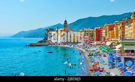 Camogli, Genoa, Italy - July 1, 2019: Panoramic view of Camogli beach on sunny summer day Stock Photo