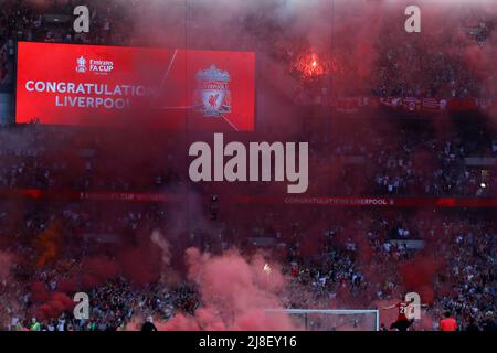 London, UK. 14th May, 2022. Liverpool fans celebrate as Kostas Tsimikas of Liverpool (21) celebrates at the end of the game. The Emirates FA Cup Final, Chelsea v Liverpool at Wembley Stadium in London on Saturday 14th May 2022.this image may only be used for Editorial purposes. Editorial use only, license required for commercial use. No use in betting, games or a single club/league/player publications.pic by Andrew Orchard/Andrew Orchard sports photography/Alamy Live News Credit: Andrew Orchard sports photography/Alamy Live News Stock Photo