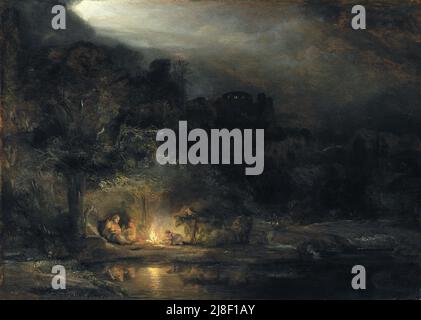 Rest on the Flight into Egypt painted by Rembrandt. This painting is Rembrandt's only night scene. Stock Photo