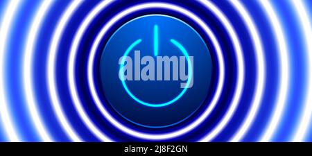 Power button with blue neon circle lights, vector background. Start button dynamic, energetic, technological banner. Launching, or activation concept illustration. Stock Vector