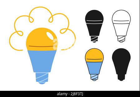 LED light bulb icon, energy saving fluorescent lamp silhouette stamp, doodle outline set. Eco economy led smart lightbulb shine modern sign. Symbol idea creativity, innovation, think, invention vector Stock Vector