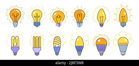 Light bulb icon set. Classic retro glass lamp with rays shine, ecology led line sign, economy lightbulb. Symbol idea and creativity, innovation, modern invention. Saving electricity bulb vector Stock Vector