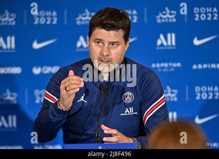 Doha, Qatar. 15th May, 2022. Paris Saint-Germain's head coach Mauricio Pochettino speaks at a press conference as part of the PSG Qatar Tour 2022 in Doha, capital of Qatar, May 15, 2022. Credit: Nikku/Xinhua/Alamy Live News Stock Photo