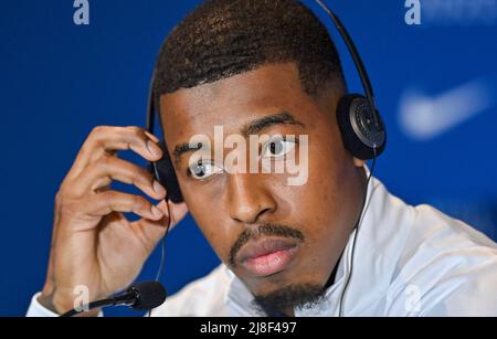 Doha, Qatar. 15th May, 2022. Paris Saint-Germain's Presnel Kimpembe reacts at a press conference as part of the PSG Qatar Tour 2022 in Doha, capital of Qatar, May 15, 2022. Credit: Nikku/Xinhua/Alamy Live News Stock Photo