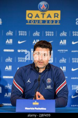 Doha, Qatar. 15th May, 2022. Paris Saint-Germain's head coach Mauricio Pochettino speaks at a press conference as part of the PSG Qatar Tour 2022 in Doha, capital of Qatar, May 15, 2022. Credit: Nikku/Xinhua/Alamy Live News Stock Photo