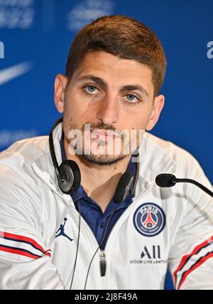 Doha, Qatar. 15th May, 2022. Paris Saint-Germain's Marco Verratti reacts at a press conference as part of the PSG Qatar Tour 2022 in Doha, capital of Qatar, May 15, 2022. Credit: Nikku/Xinhua/Alamy Live News Stock Photo